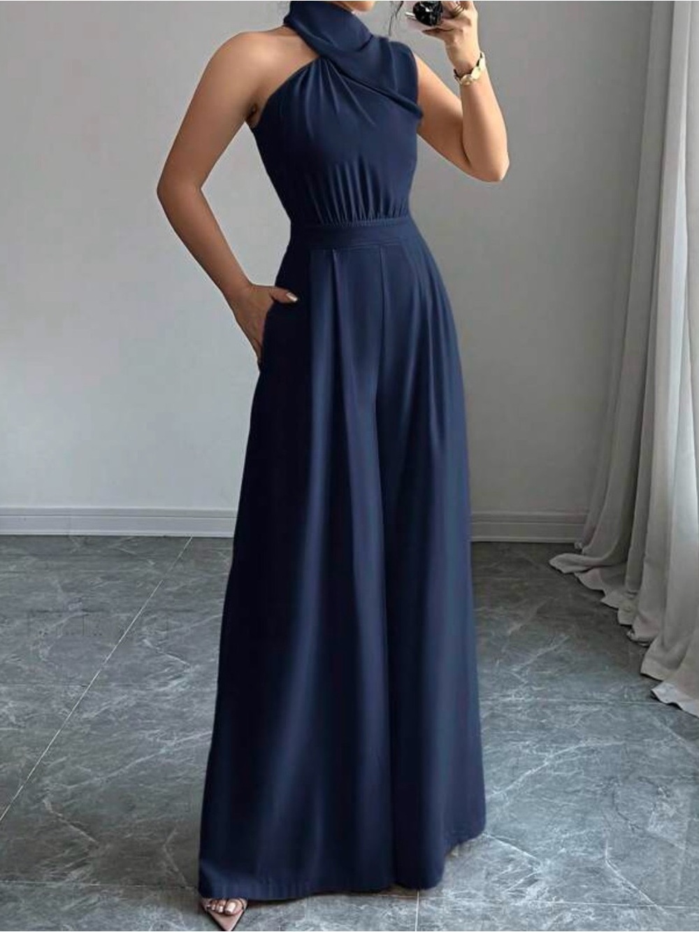 SHEIN Navy Twisted-Halter Wide-Leg Jumpsuit
